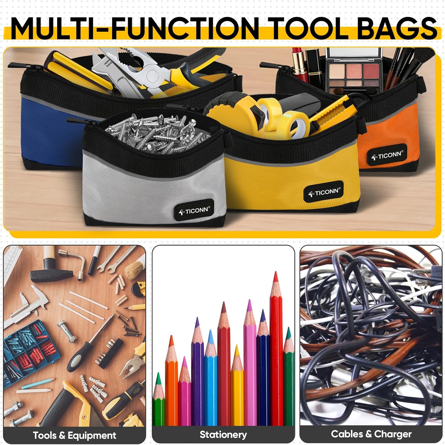 Tool Pouches with Zipper, 1680D Oxford Small Tool Bags, Waterproof Utility Bag Zipper Pouch for Tool Organizers and