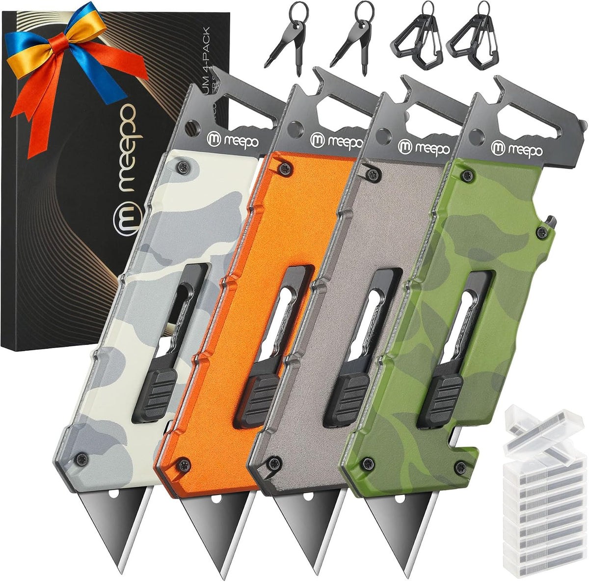 4-Pack 5 In 1 Box Cutter, Al-Alloy Utility Knife w/ 100-Pcs Blades