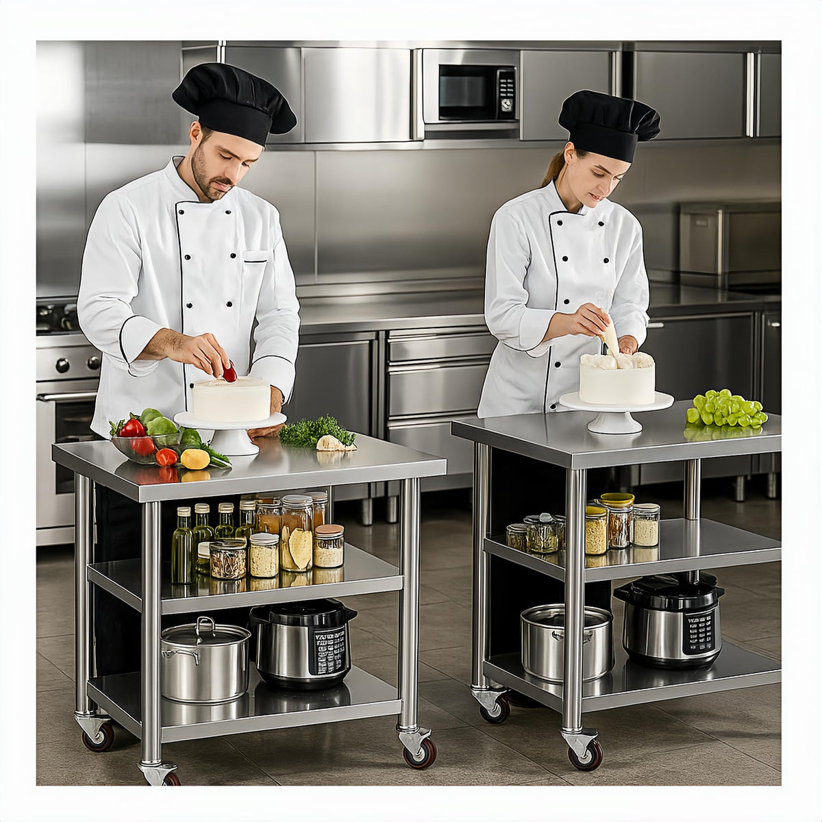 Stainless Steel Table with Wheels for Food Preparation and Work, Multi-Size Optional, Three-Layer Variable Two-Layer