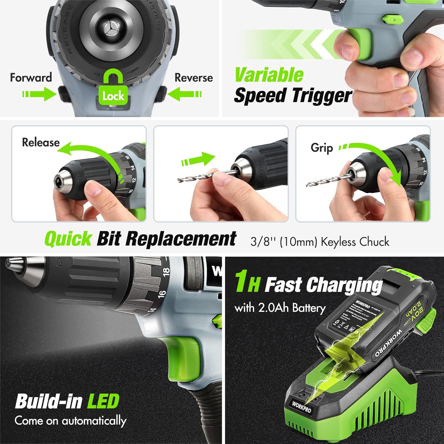 Home Tool Set with 20V Cordless Lithium-Ion Drill Driver, Household Repairing Tool Kit with Drill, 157PCS Power Drill