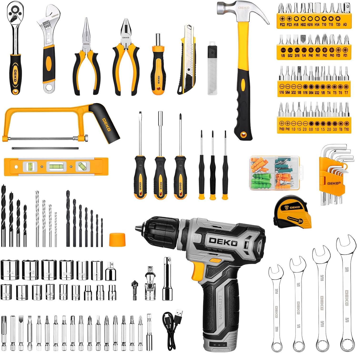 Tool Kit Box Drill Set：DEKOPRO Home Mechanic Toolbox with 12V Power Cordless Drill Hand Repair Tools Sets Combo Kits