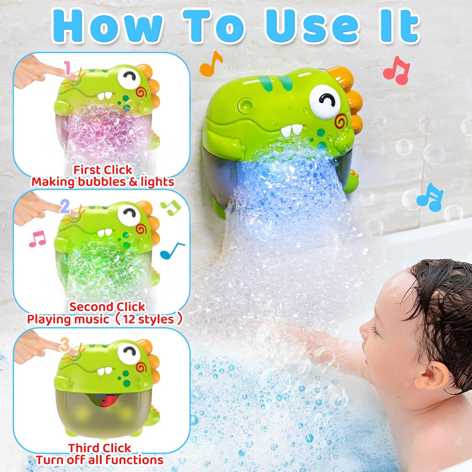 Light Up Dinosaur Bath Toys for Kids Ages 3-5 4-8, Bath Bubble Machine | Musical Bubble Maker for Bathtub, Floating