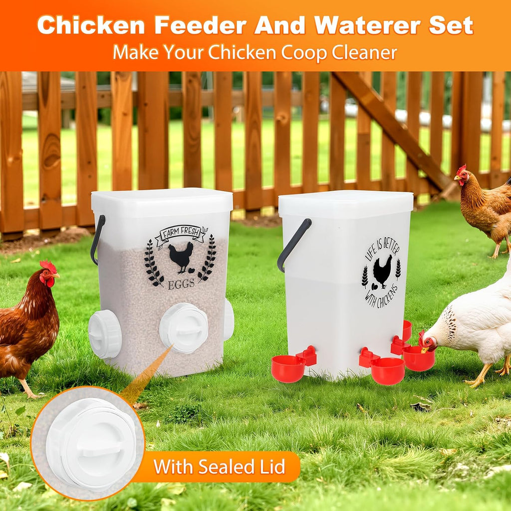 Backyard Chicken Feeder & Waterer Set – No-Waste Feeding Station for Coop & Run, Gravity Water Cups, Feed Storage