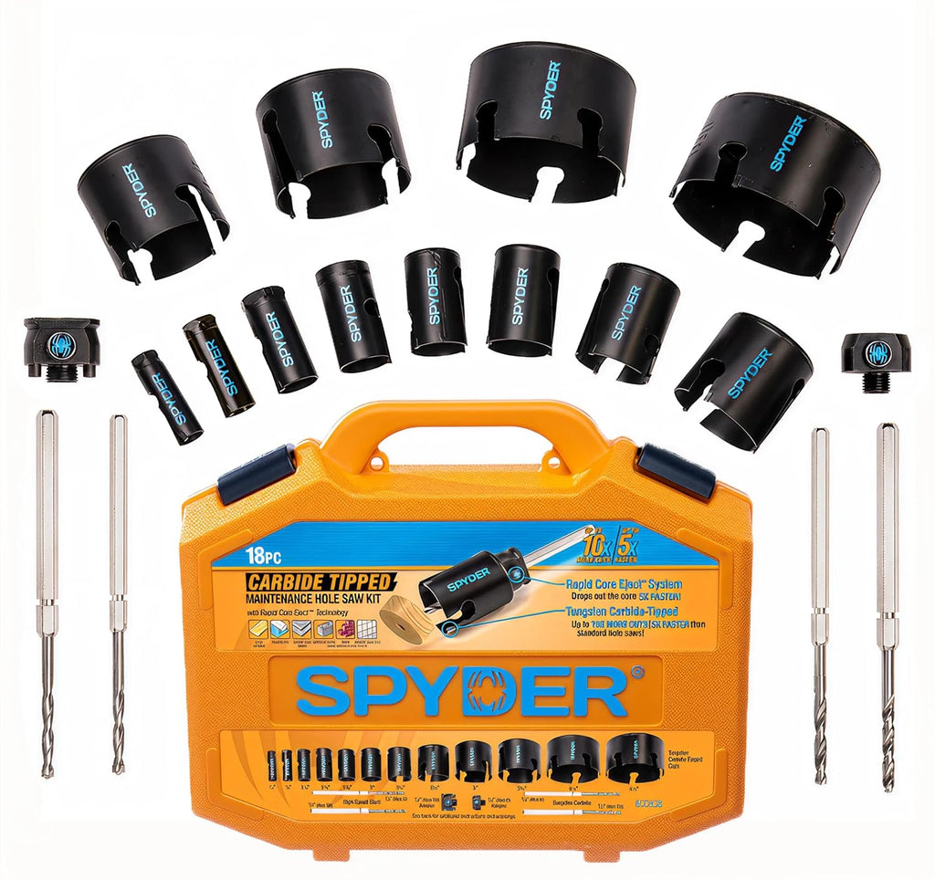 Spyder 18-Piece Tungsten Carbide Tipped Hole Saw Kit, 12 Hole Saws, 2 Arbors, 4 Pilot Bits, Rapid Core Eject