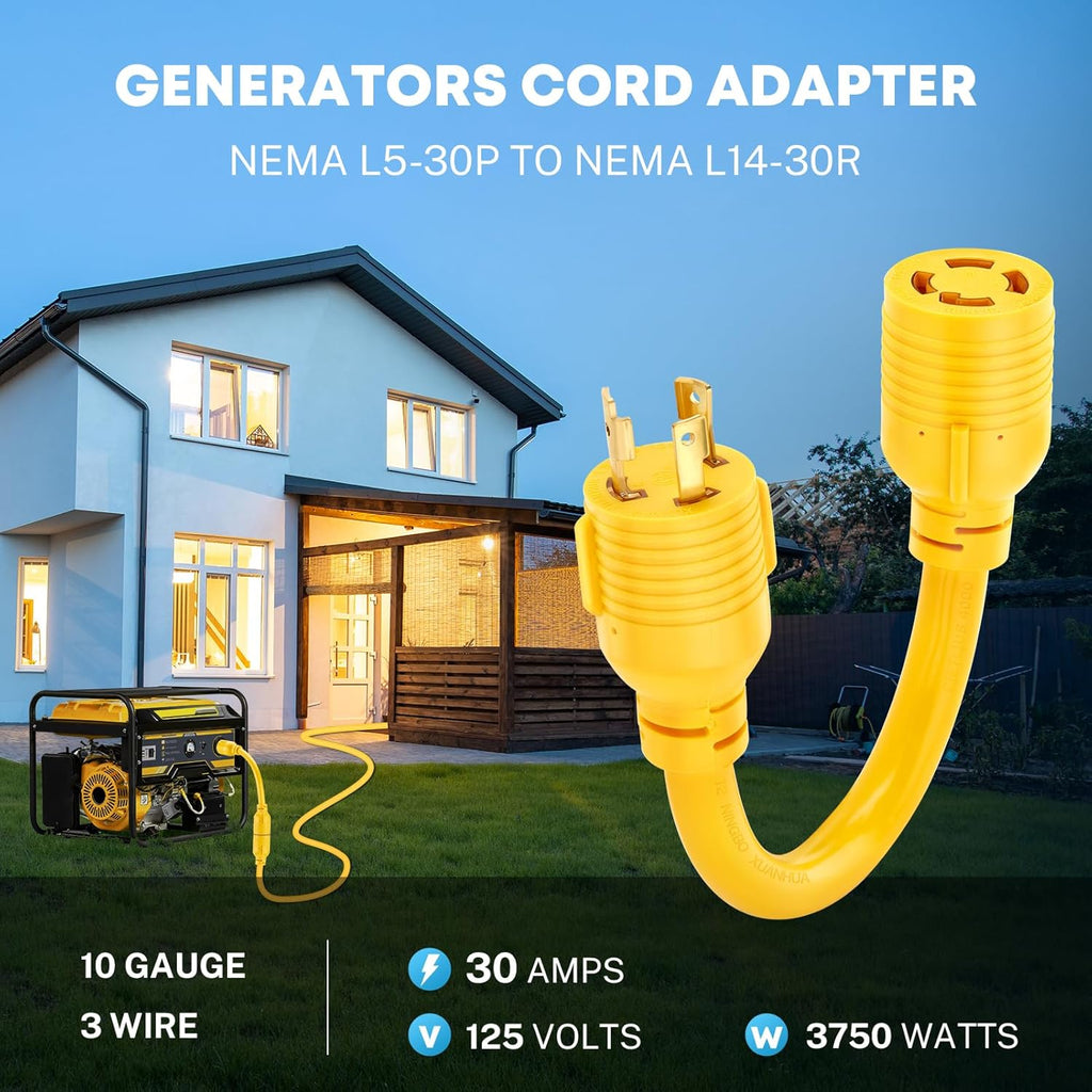 NEMA L5-30P to L14-30R Generator Adapter Cord | 12'', 3 Prong to 4 Prong Generator Adapter, STW 10 AWG, 30 Amp