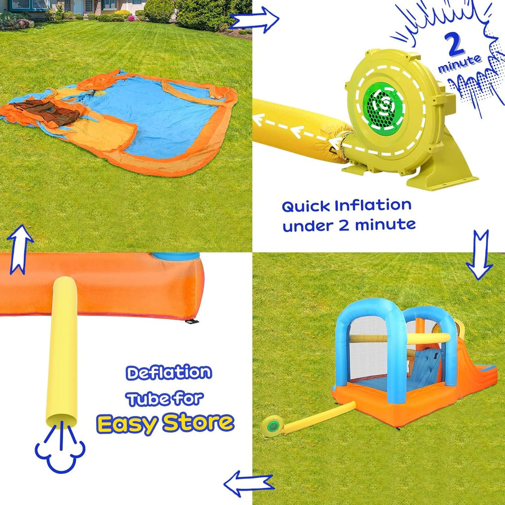 5-in-1 Inflatable Water Slide Park, Water Bounce House w/Air Blower, Climbing Wall, Double Jump Area, Splash Pool