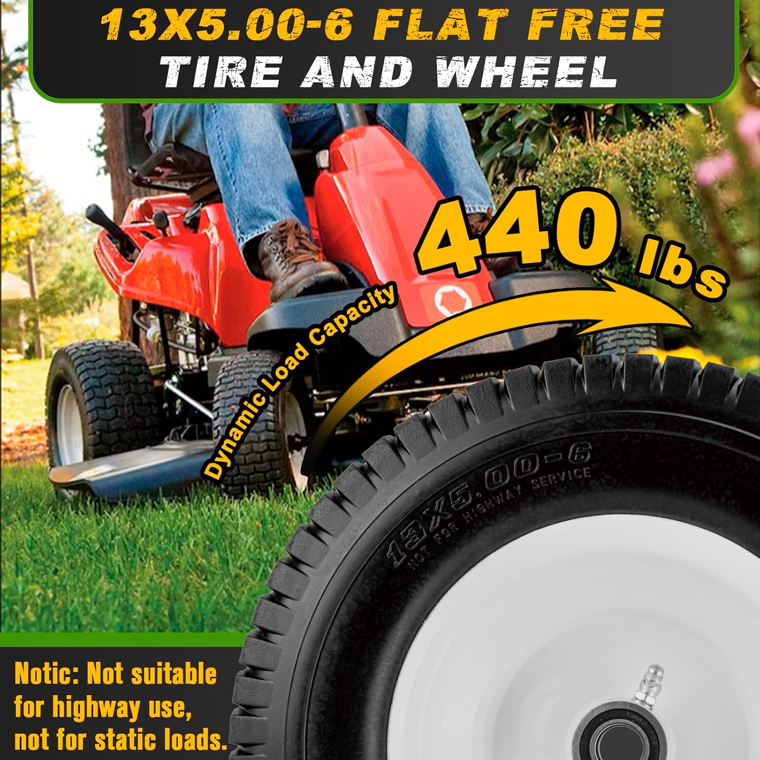 13x5.00-6 Flat Free Tire and Wheel with 3/4" & 5/8" Bearings – 2 Pack 13x5x6 Solid Lawn Mower Tires for Riding Lawn