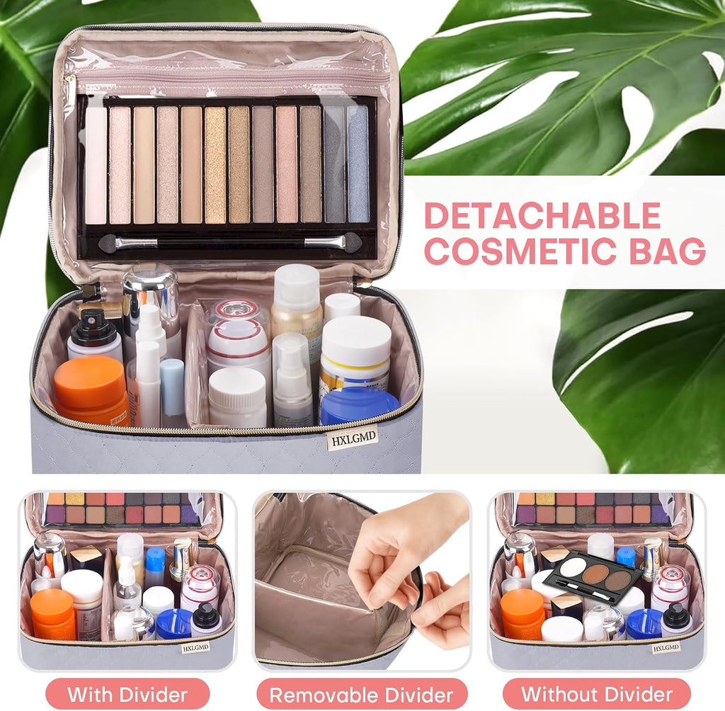 Large Makeup Bag with Mirror Double Layer Travel Make Up Organizer Case, Large Capacity Coemetic with Brush Slot