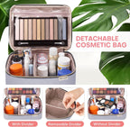 Large Makeup Bag with Mirror Double Layer Travel Make Up Organizer Case, Large Capacity Coemetic with Brush Slot