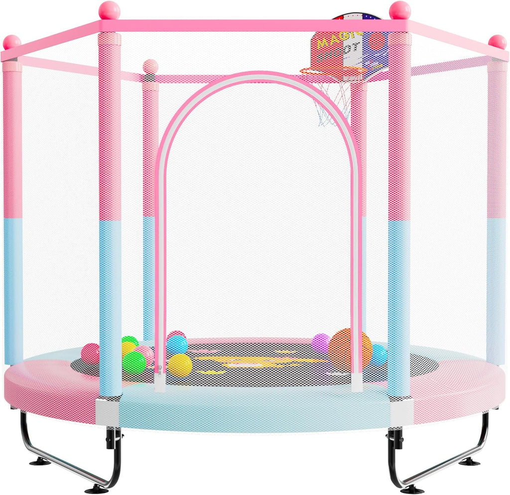 60" Trampoline for Kids, 5 FT Indoor & Outdoor Toddler Baby Trampoline with Basketball Hoop, Safety Enclosure