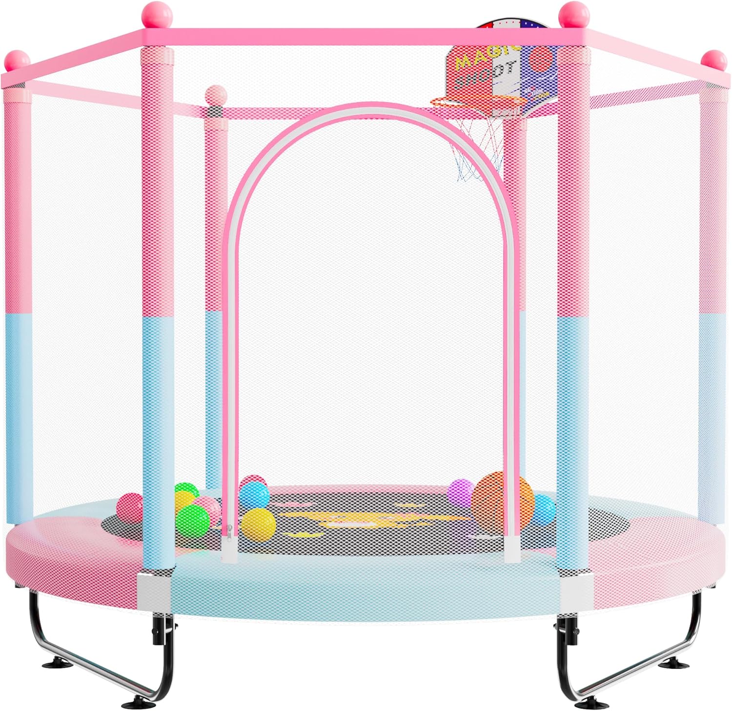 60" Trampoline for Kids, 5 FT Indoor & Outdoor Toddler Baby Trampoline with Basketball Hoop, Safety Enclosure