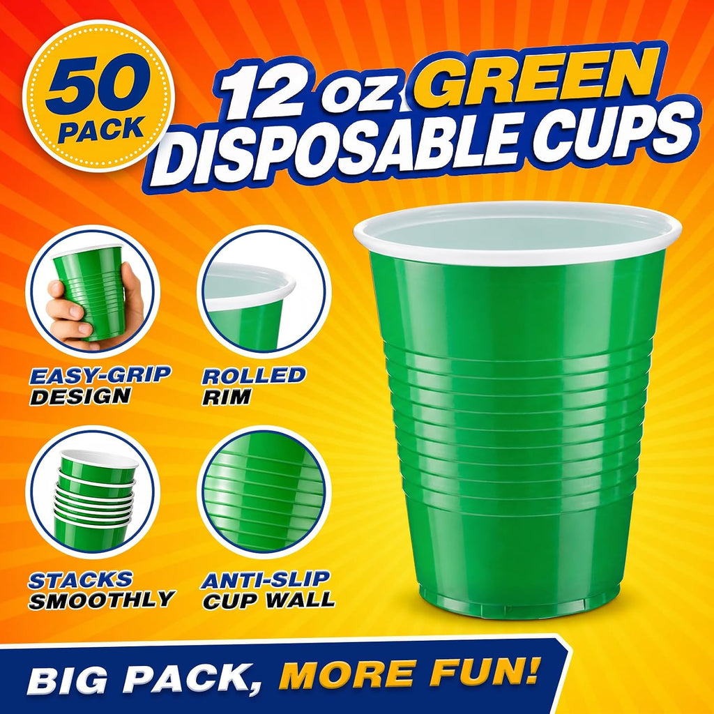 Glotoch Green Disposable Plastic Party Cups 12 oz, 50 Count
