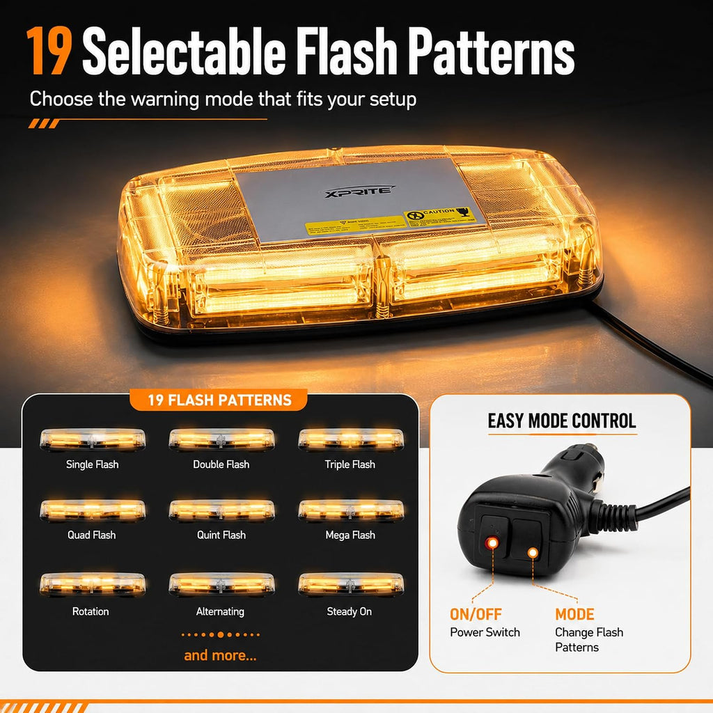 Amber COB LED Rooftop Strobe Beacon Light, 12V Magnetic Base Caution Lightbar with 19 Flash Patterns for Construction
