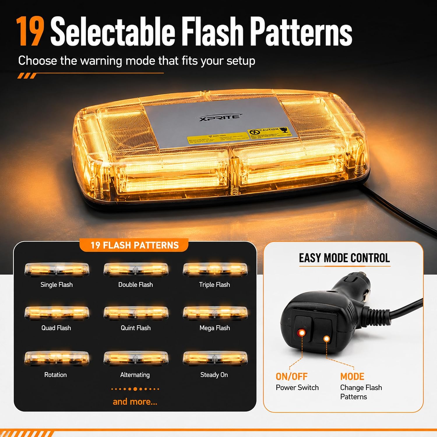Amber COB LED Rooftop Strobe Beacon Light, 12V Magnetic Base Caution Lightbar with 19 Flash Patterns for Construction