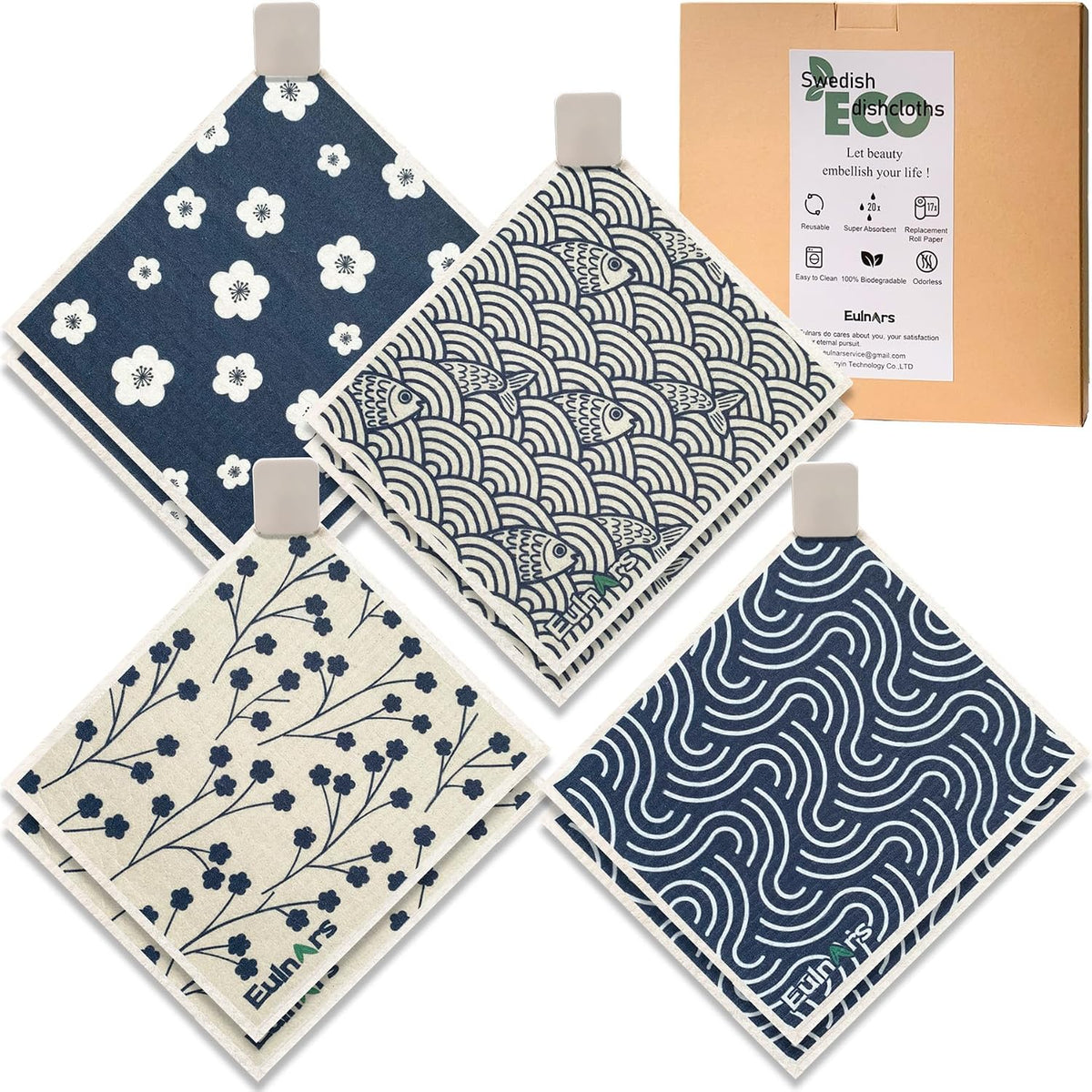 Swedish Dishcloths for Kitchen, 8 Pack Japanese Pattern Reusable Paper Towels with Clips, Non-Scratch Swedish Dish