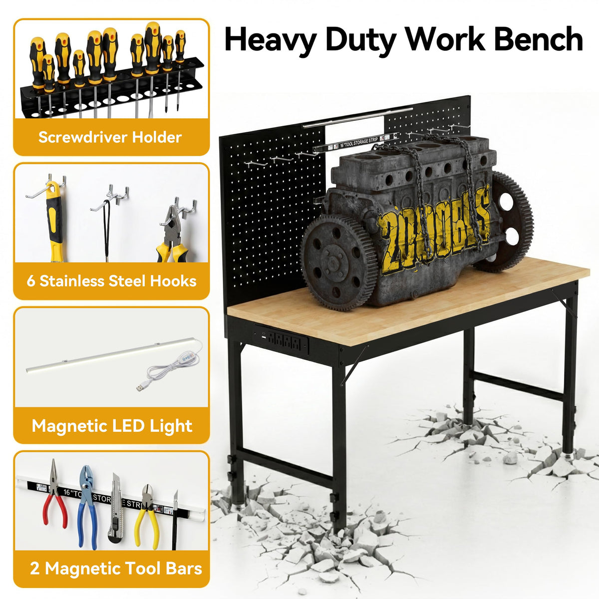 Heavy-Dute Work Bench for Garage, Adjustable Work Table with Light & Outlet