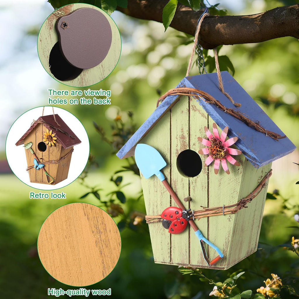2 Pcs Hanging Bird Houses for Outside, Bright Color, Wooden Roof