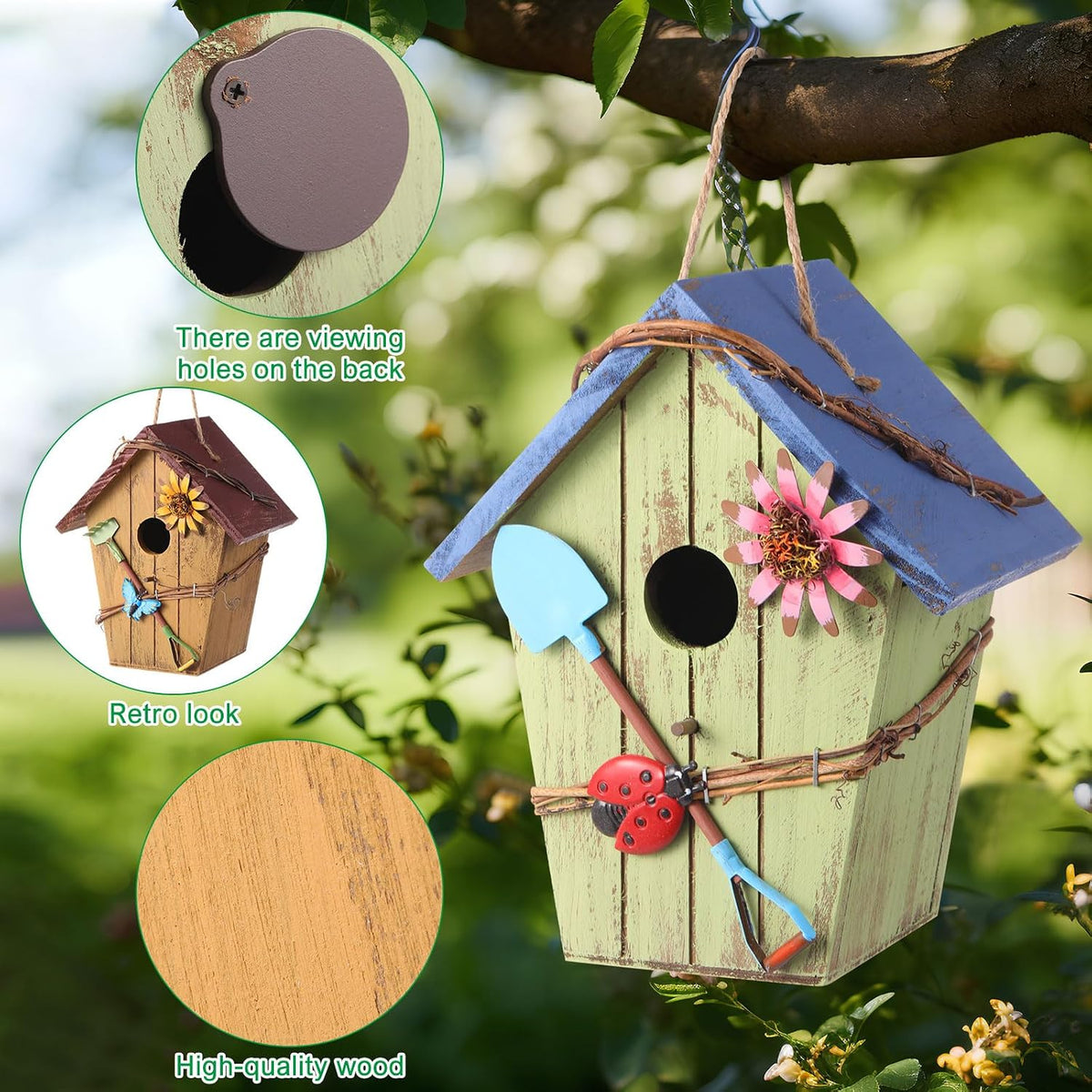 2 Pcs Hanging Bird Houses for Outside, Bright Color, Wooden Roof
