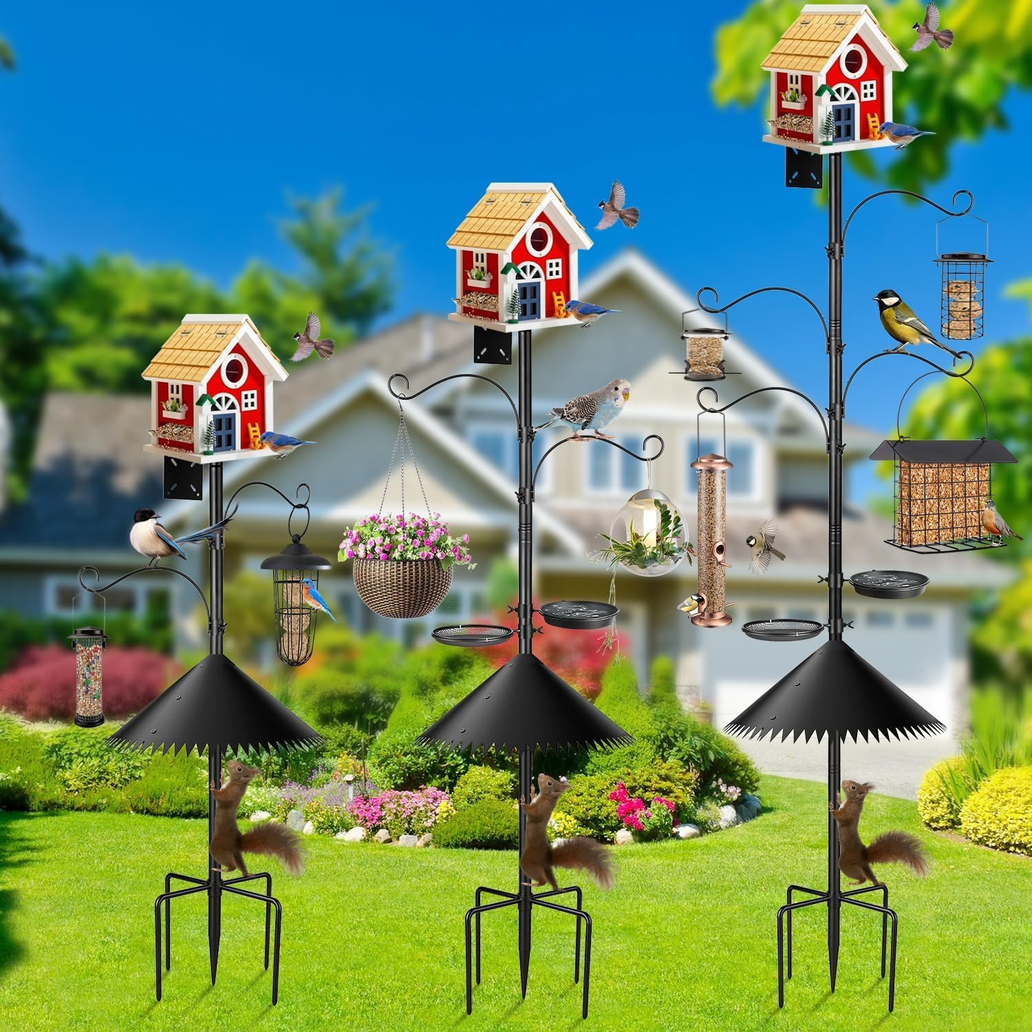 Bird Feeder Pole, 93 Inch Heavy Duty Birdhouse Pole with Spiked Baffle & 2 Tray, Adjustable Wild Bird Feeding Station