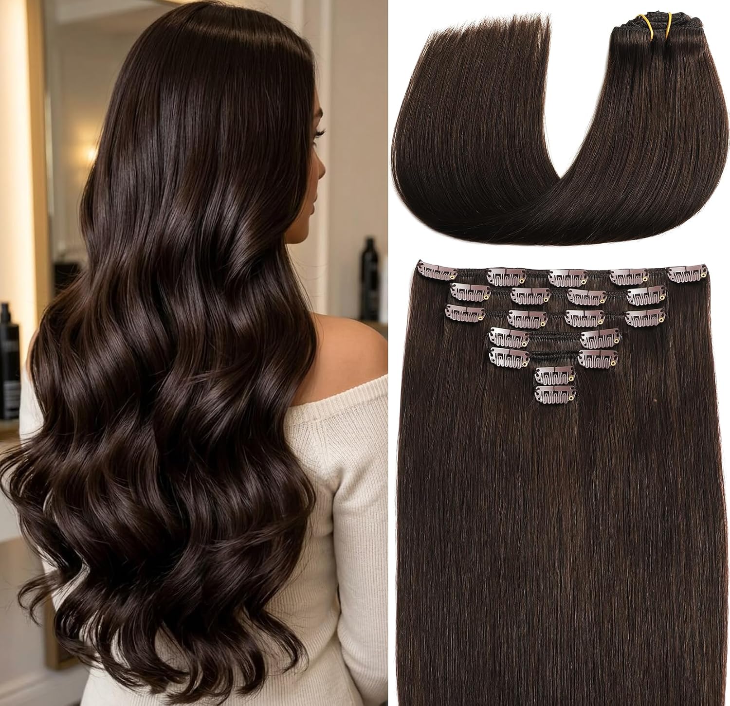 Clip In Hair Extensions Real Remy Human Hair Very Dark Brown 18 Inch | Clip Ins for Women,120g,7 Pcs,16 Clips,Darkest