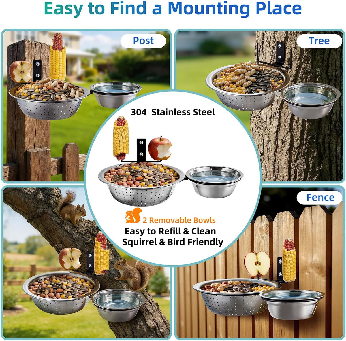 2 Bowls Squirrel Food&Water Feeder, Metal Chew-proof Squirrel Feeders for Outside, Picnic Table with 2 Corn Cob