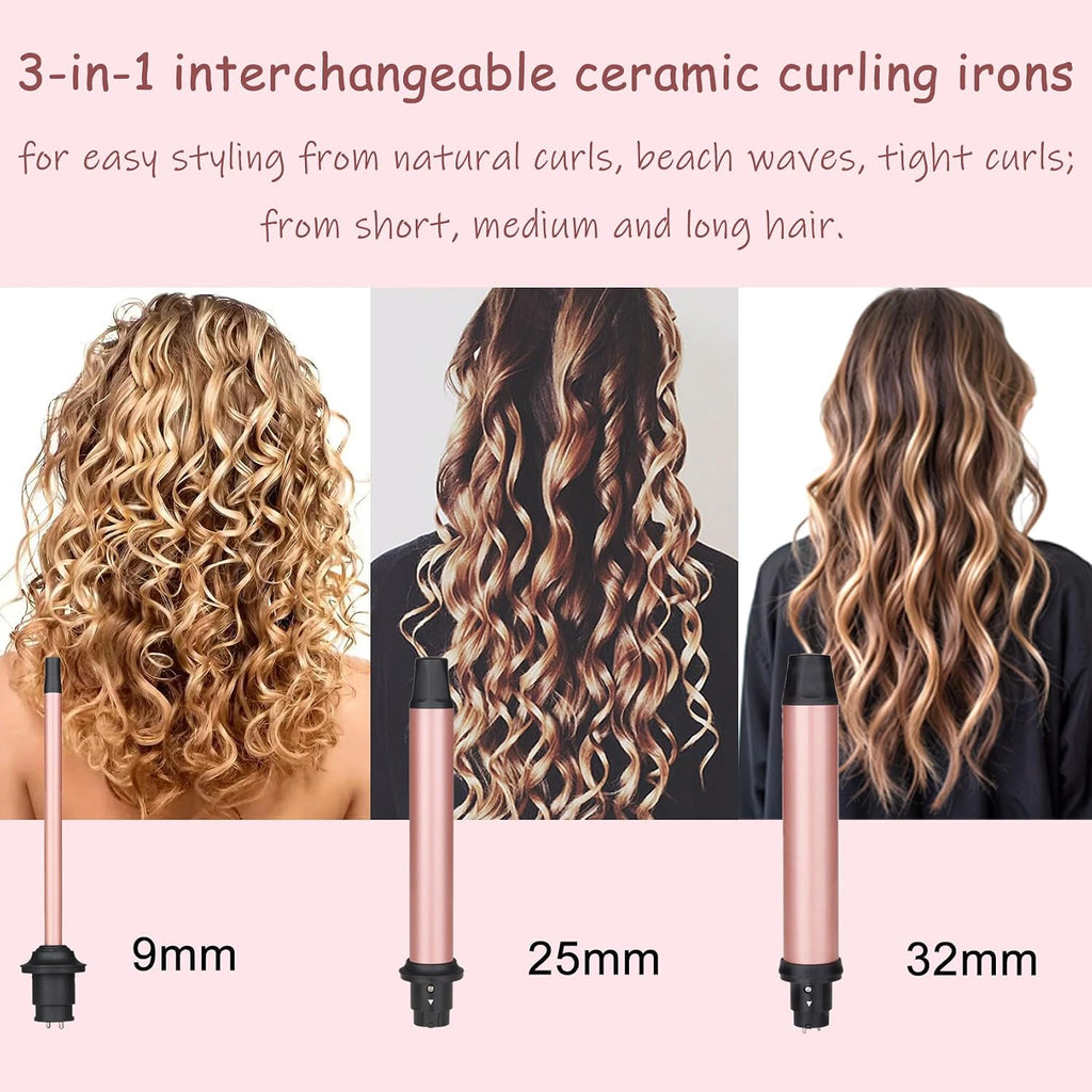 3 in 1 Curling Iron Set, Hair Curling Wand Set with Ceramic | Interchangeable Curling Wand(3/8"-1.25inch), Instant