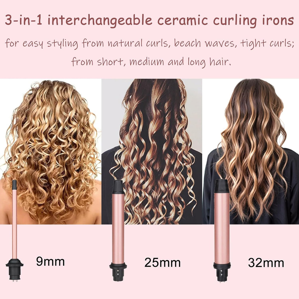 3 in 1 Curling Iron Set, Hair Curling Wand Set with Ceramic | Interchangeable Curling Wand(3/8"-1.25inch), Instant