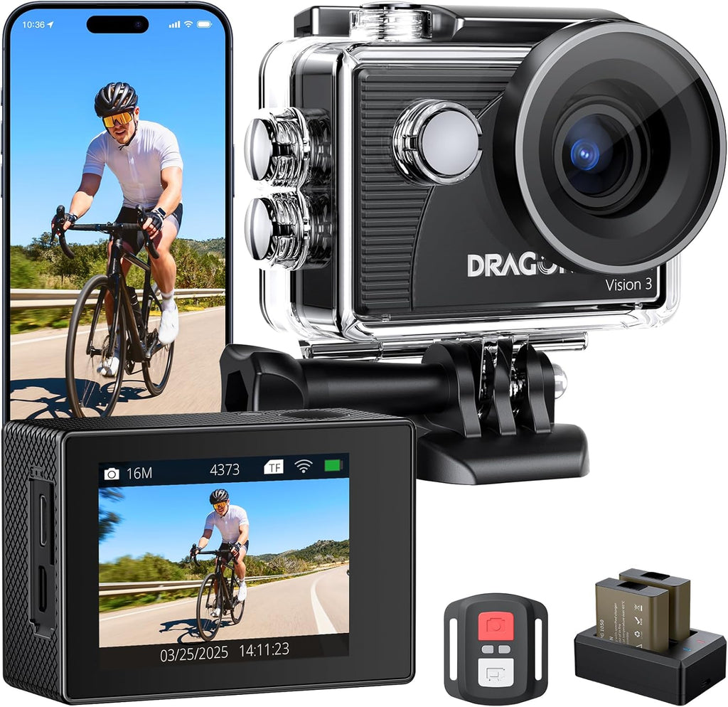 4K Action Camera - Vision 3 Underwater Waterproof Camera | 20MP Photo 4X Zoom 170° Wide Angle Remote Control WiFi