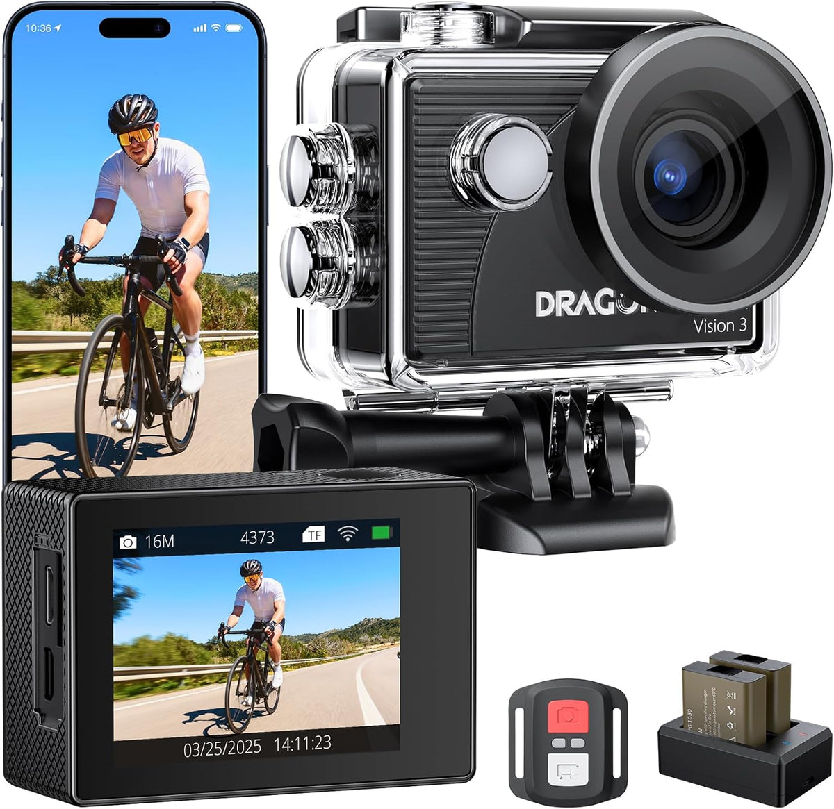 4K Action Camera - Vision 3 Underwater Waterproof Camera | 20MP Photo 4X Zoom 170° Wide Angle Remote Control WiFi