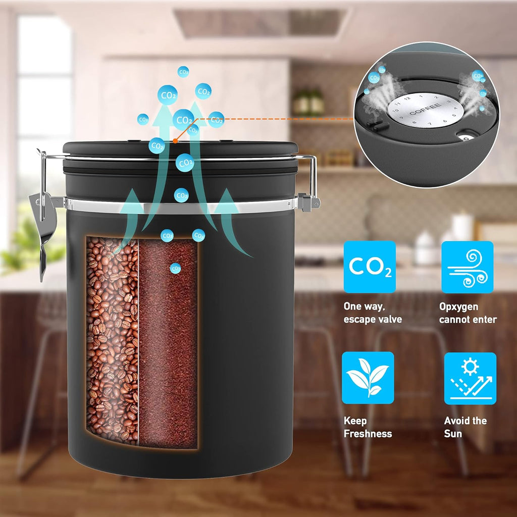 Coffee canister for ground coffee with Scoop Date Tracker One Way Co2 Valve 304 Stainless Steel Kitchen Food Airtight