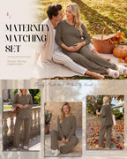 Women's Maternity 2 Piece Waffle Outfits Lounge Set Coffee M