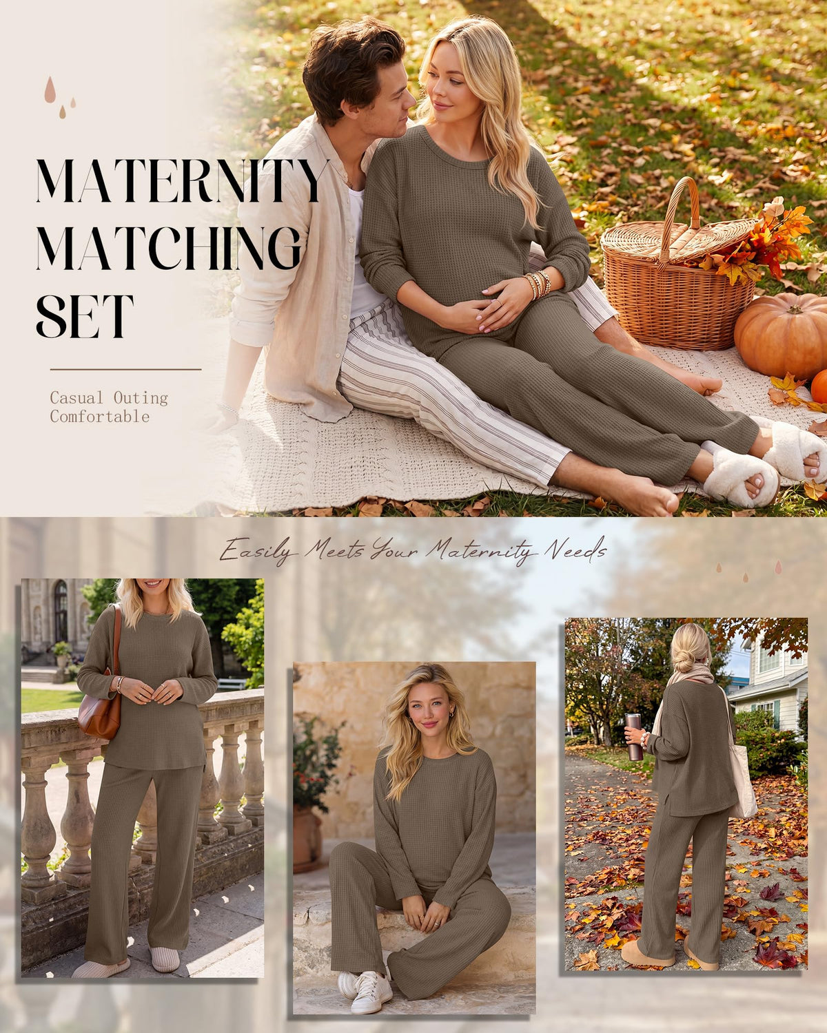Women's Maternity 2 Piece Waffle Outfits Lounge Set Coffee M