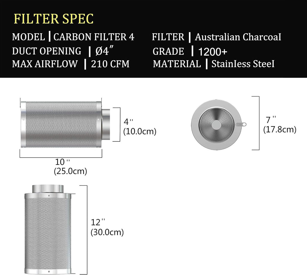 4inch Carbon Filter Odor Control with Australia Virgin Charcoal Two Prefilter 1 Pair Rope Hanger Included for Inline