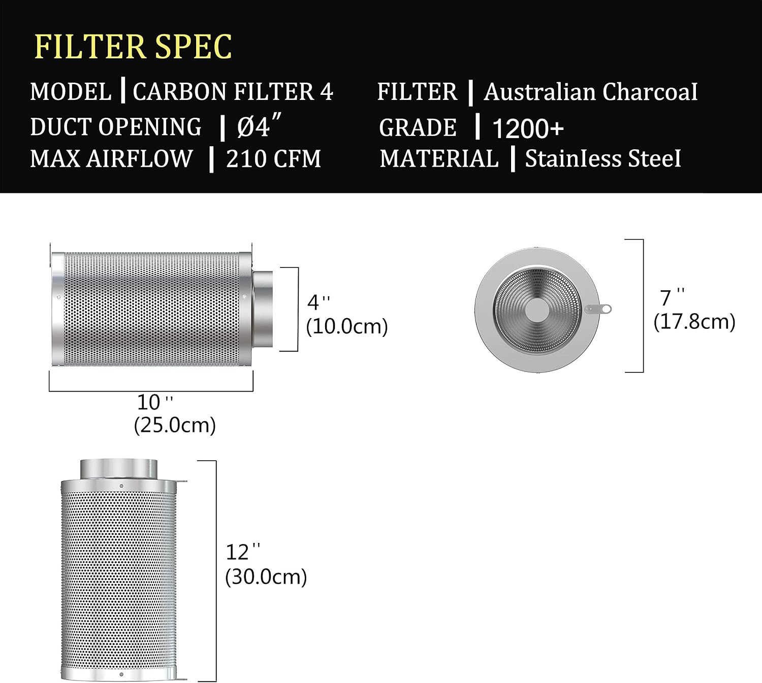 4inch Carbon Filter Odor Control with Australia Virgin Charcoal Two Prefilter 1 Pair Rope Hanger Included for Inline