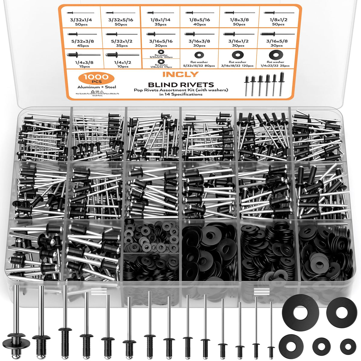 1000PCS Black Pop Rivets Assortment Kit with Washers