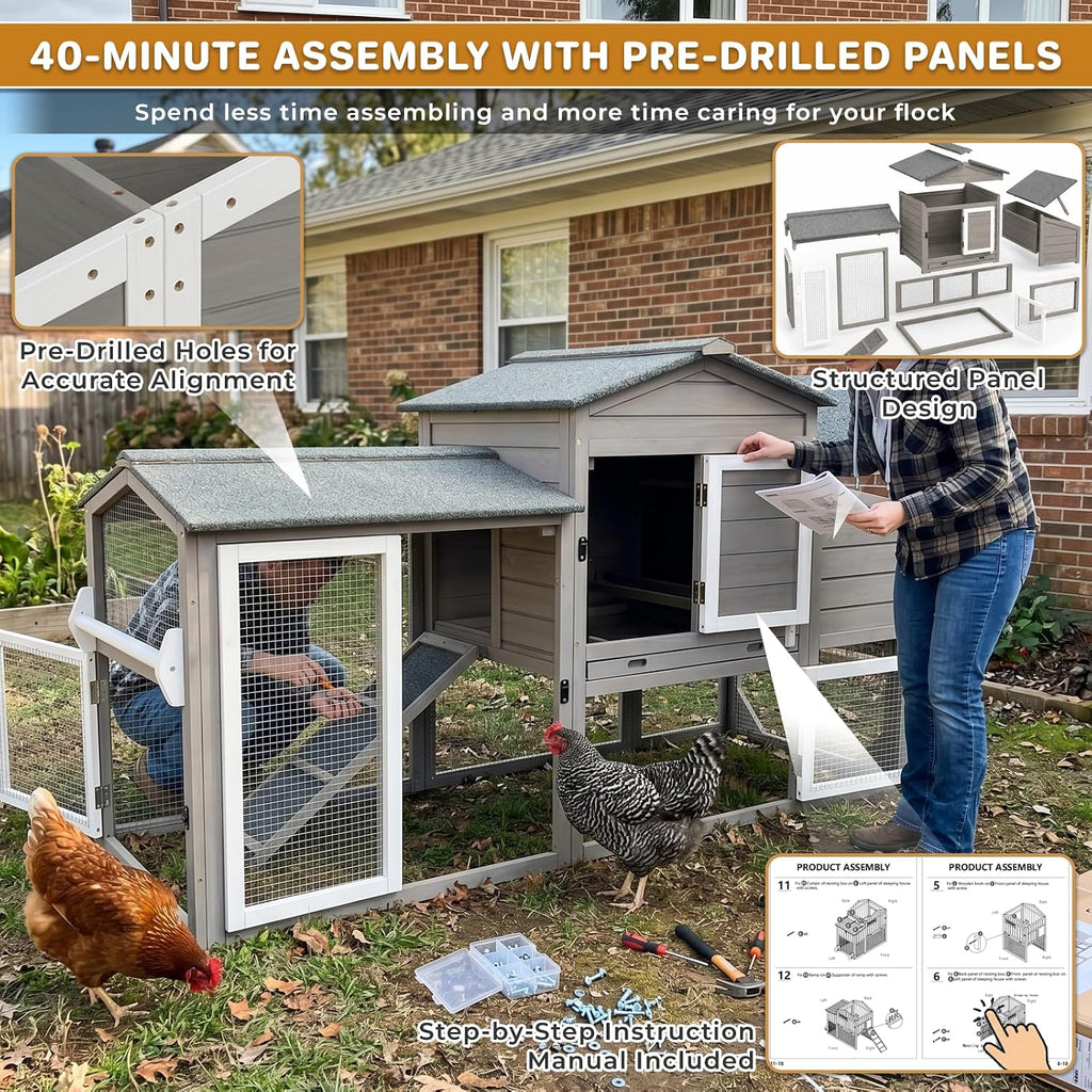 67.4" Mobile Chicken Coop with Wheels & Run for 2-3 Chickens