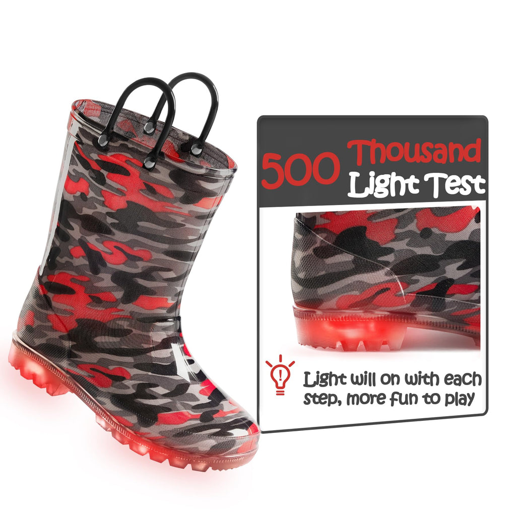 Kid Light up Rain Boot, Black/Red Camouflage
