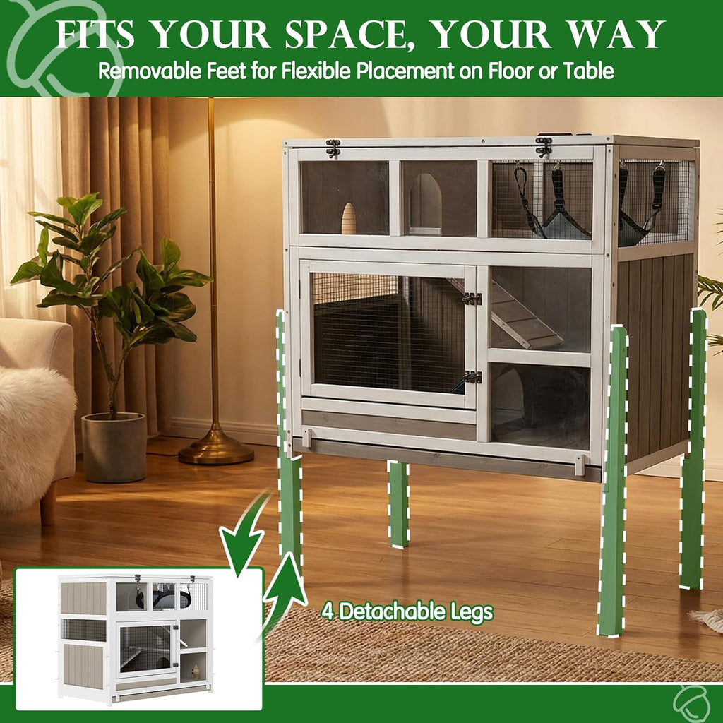 3-Story Guinea Pig Cage with Stand, Wooden Indoor Habitat | Chew-Resistant Edges, Pull-Out Cleaning Tray, Open Roof