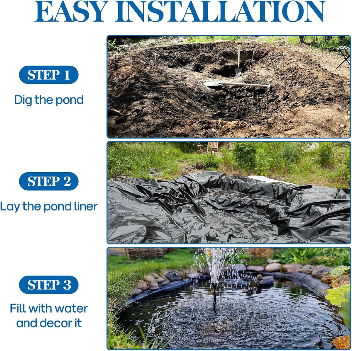 Pond Liner 15 x 20 FT, HDPE Pond Liners for Outdoor, Flexible & Durable Easy Cutting Pond Liners for Garden Fountain