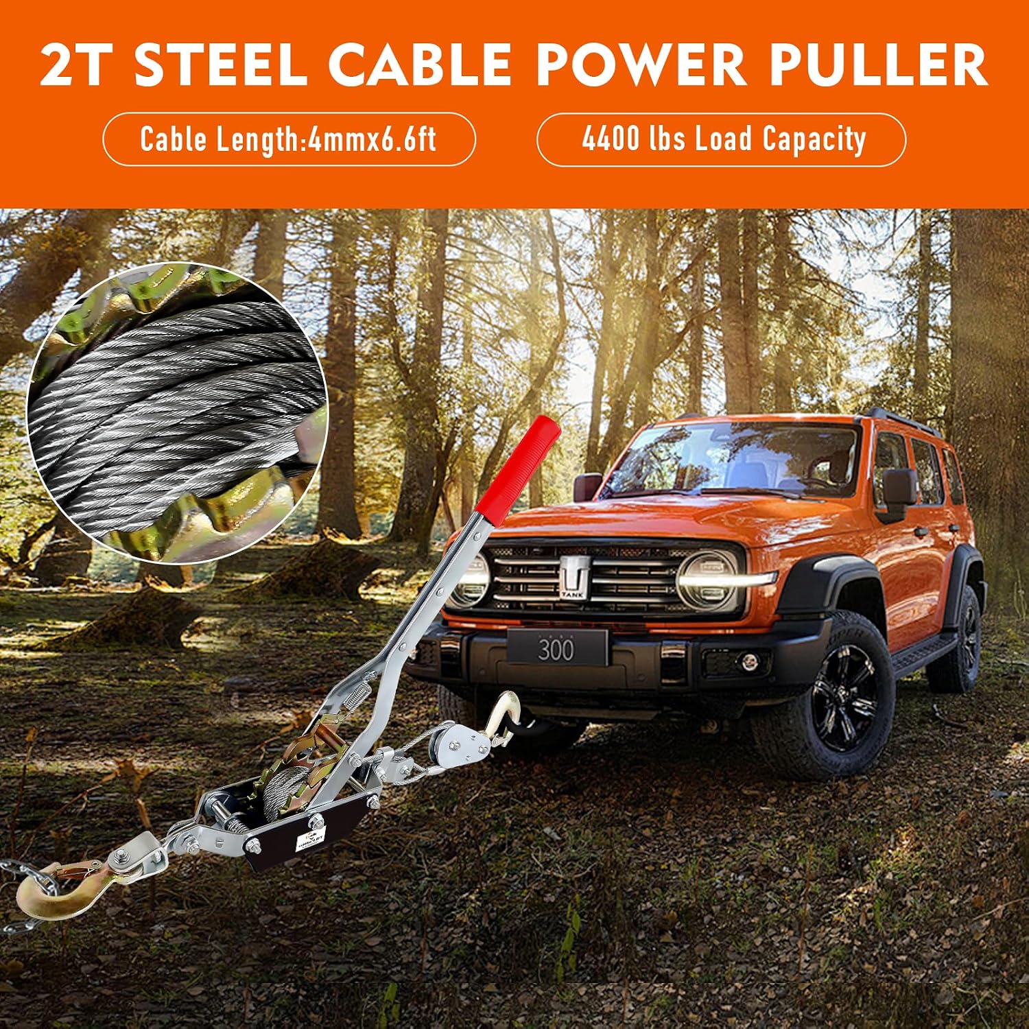 Come Along Winch,2 Ton(4410 Lbs) Capacity with 6.6FT Steel Cable 2 Hooks | Hand Winch Cable with Dual Gears, Power