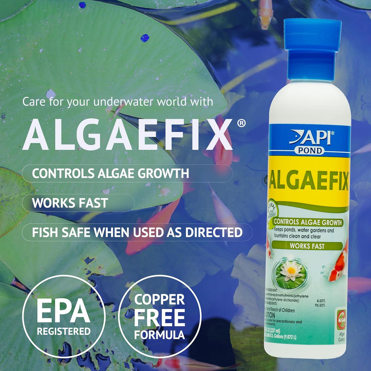 POND ALGAEFIX (1 gallon) Pond Algae Control - Copper Free - Clean, Clear Water - Up to 38400 Gallons - Safe for Fish