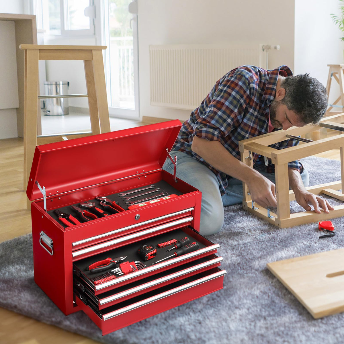 24" Metal Portable Tool Box with 5 Drawers, Lockable, Red