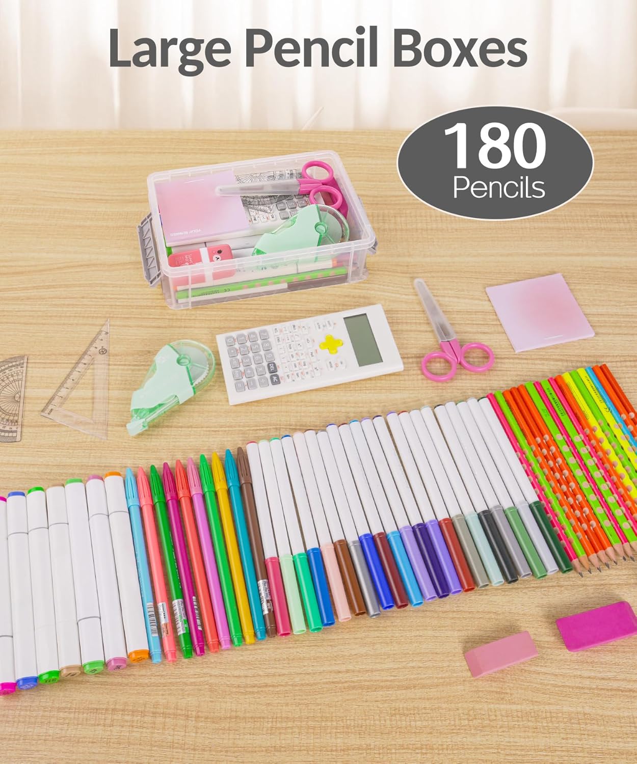 6 Pack Extra Large Pencil Box, Plastic Pencil Case Crayon Box, Clear Marker Organizer Plastic Containers with Lid