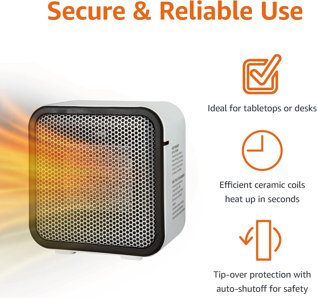 Ceramic Space Heater, Portable Mini Heater for Office Desk, 500W, With Tip-Over Protection, Lightweight 1.4 lbs