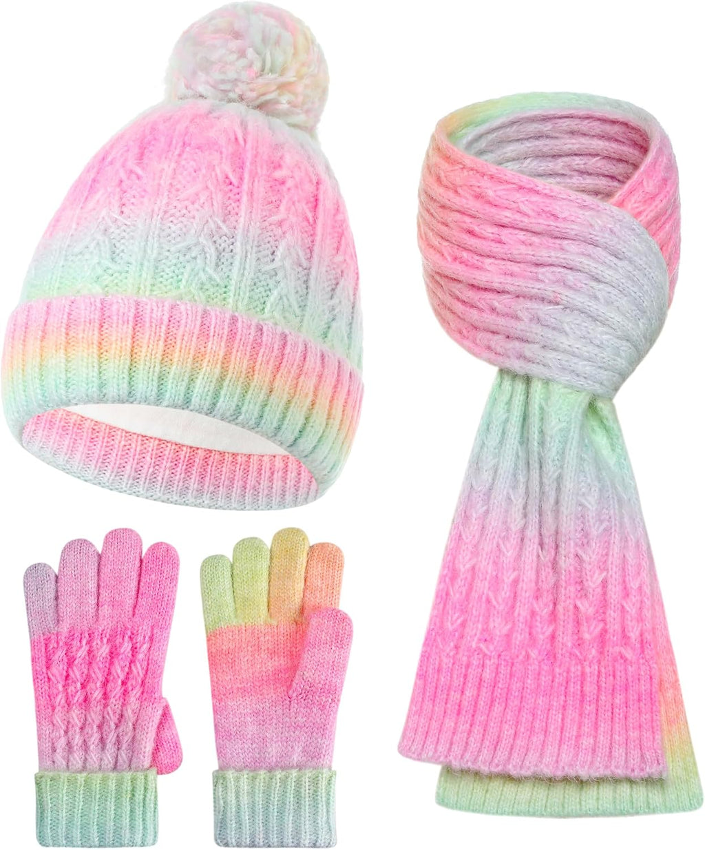 Kids Winter Hat Gloves Scarf Set, Gift for Girls Boys Toddler w/Fleece Lined Pom Beanie Ski Cap Warm Scarf Mittens