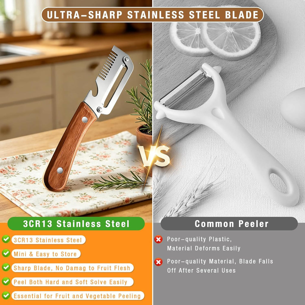 2-Pack Multifunctional Vegetable Peeler,Premium Vegetable Peeler with Wooden Handle and Bottle Opener,3-in-1 Peelers