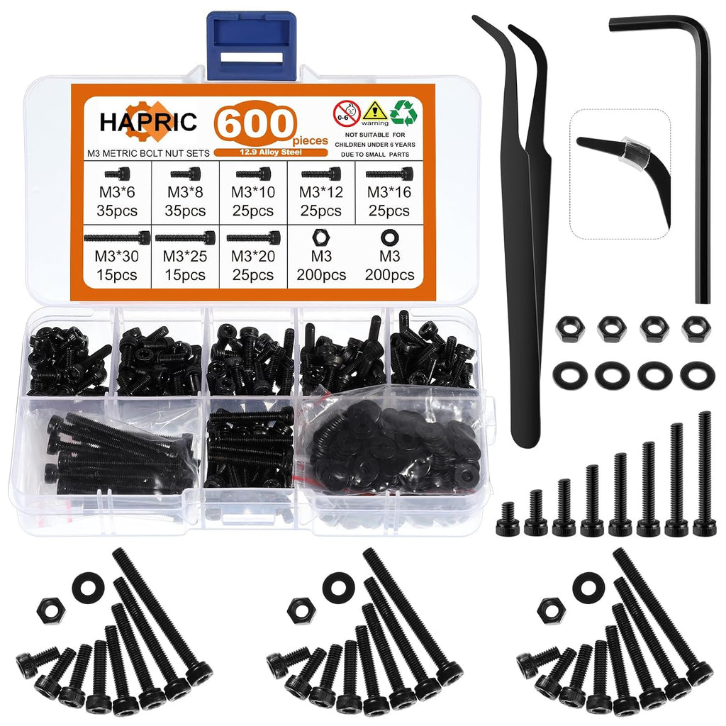 Hapric 600 Pcs M3 Screws Assortment Kit, M3x 6-30MM Bolts Kits