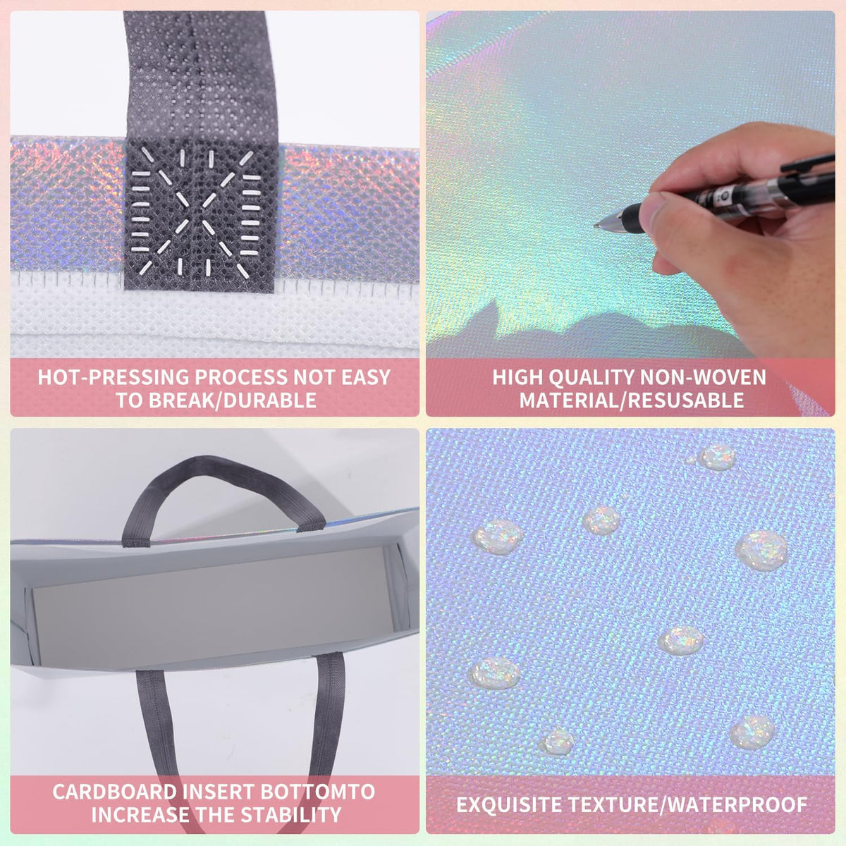 Glossy Iridescent Gift Bags with Handle, Non-woven, Reusable, Sturdy Base, 20-Pack, for Birthday, Wedding, Easter