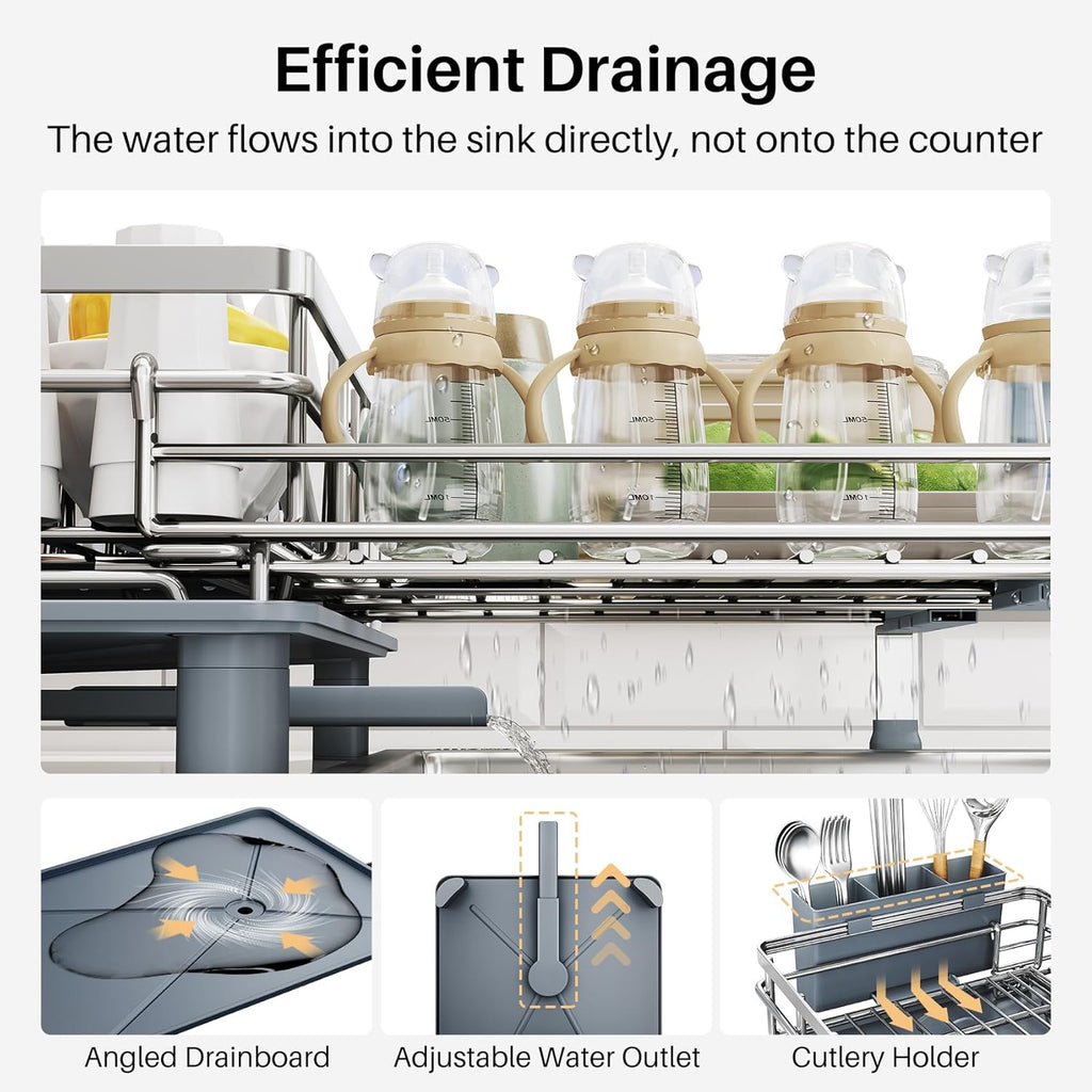 Expandable Dish Drying Rack for Kitchen Counter, Stainless Steel, Silver
