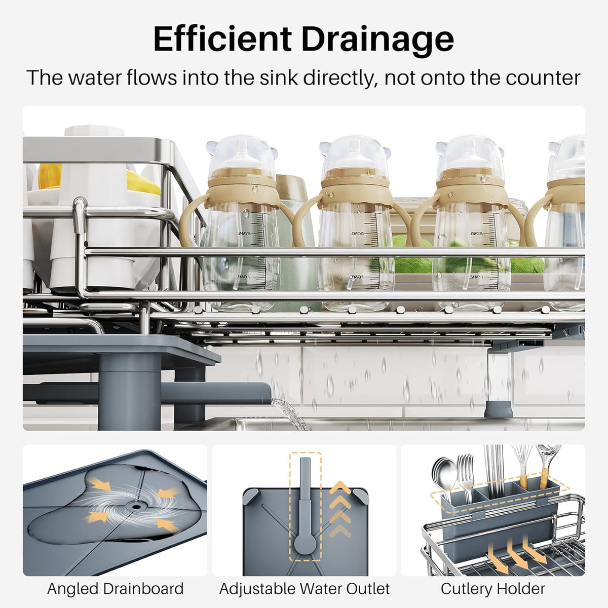 Expandable Dish Drying Rack for Kitchen Counter, Stainless Steel, Silver